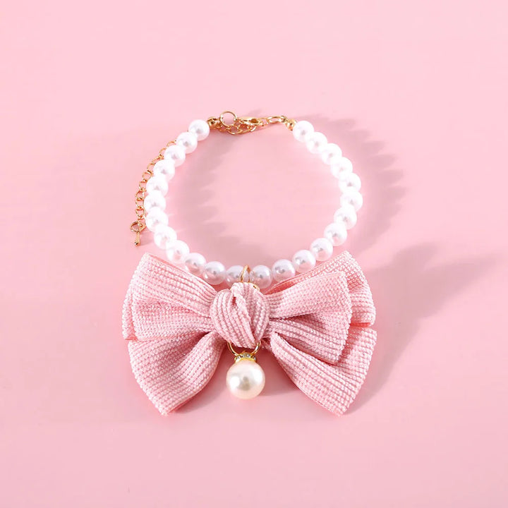 Elegant Pearl Cat & Small Dog Collar with Rhinestone Bow