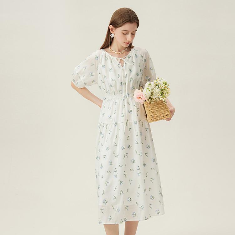 Floral Embroidery Midi Dress with Tie Neck