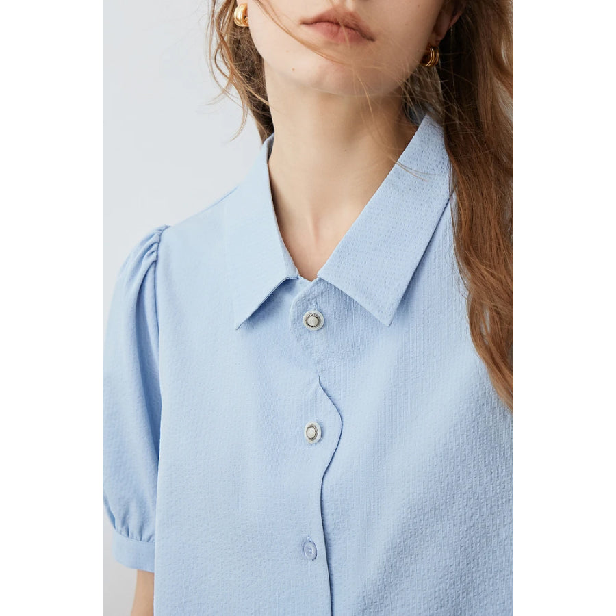 Summer French-Style Petal Placket Bubble Sleeve Top