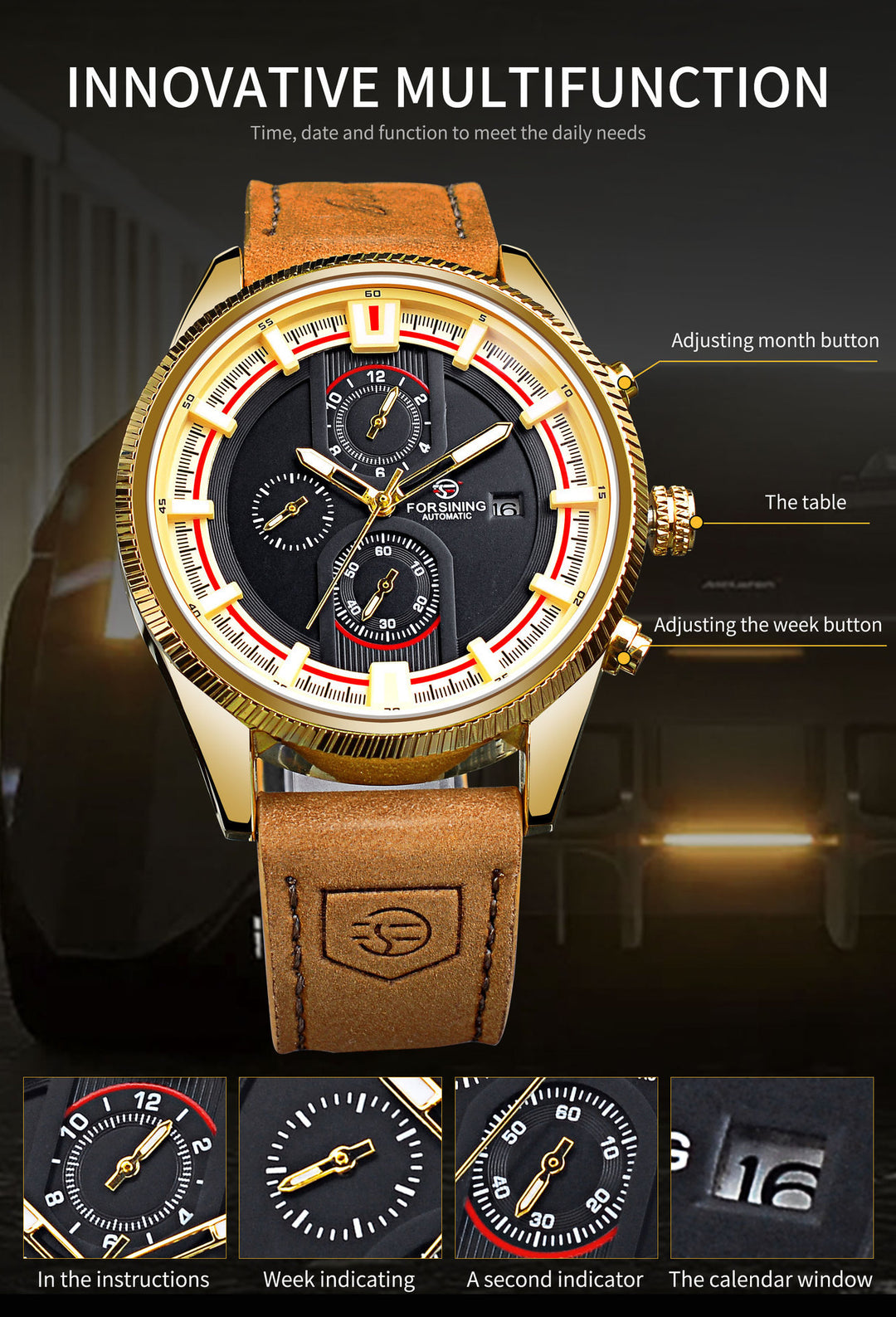 30 M Waterproof Men's Week Calendar Automatic Mechanical Watch