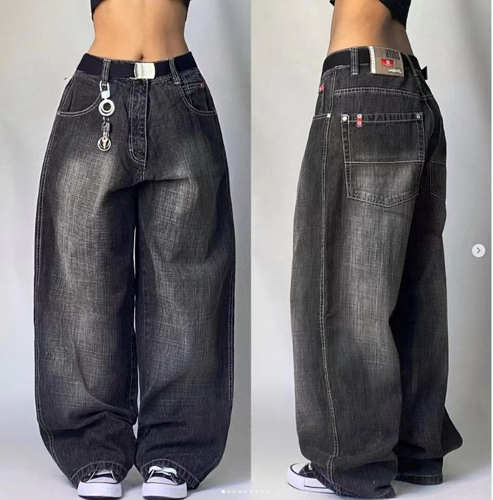 High Waist Retro Distressed Black Gray Wide-leg Jeans