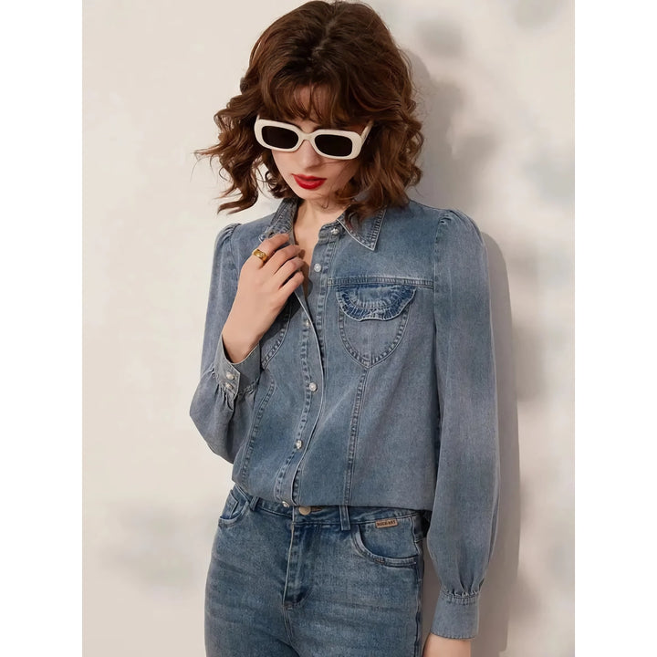 Chic Turn-Down Collar Denim Blouse for Women