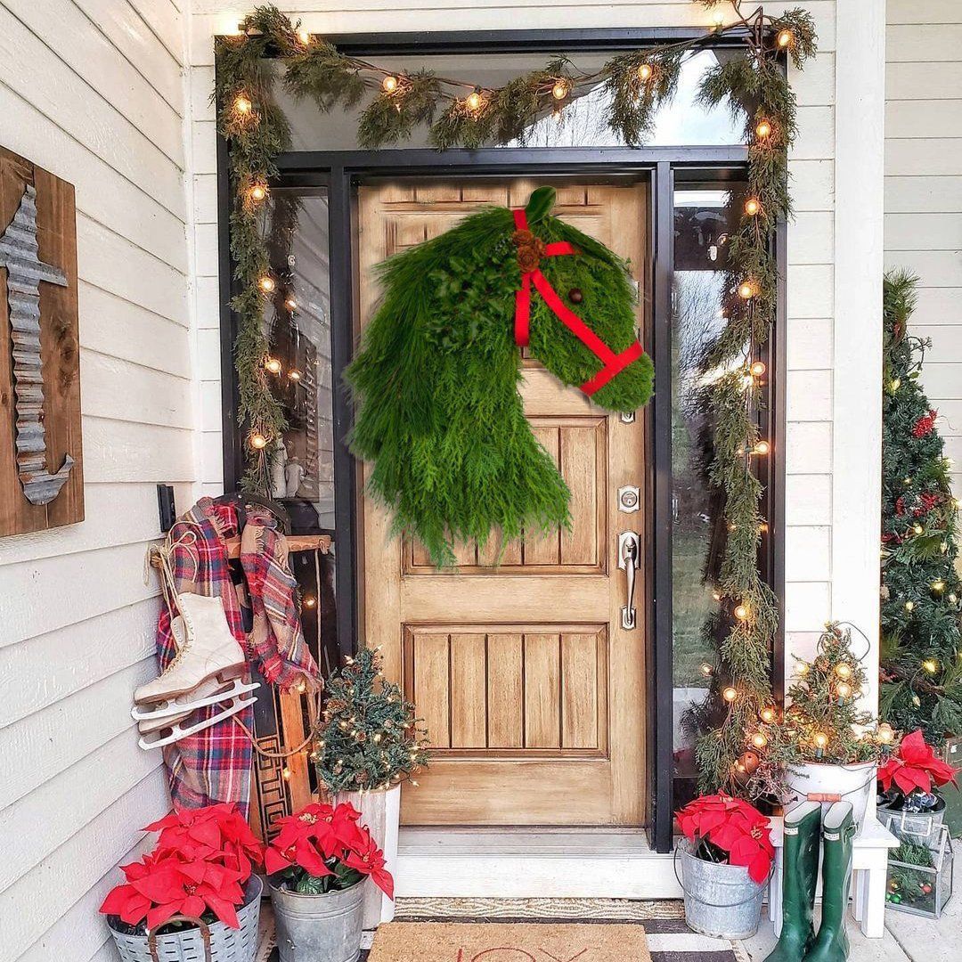 Farmhouse Horse Head Christmas Wreath Decoration Simulation Pine Branches