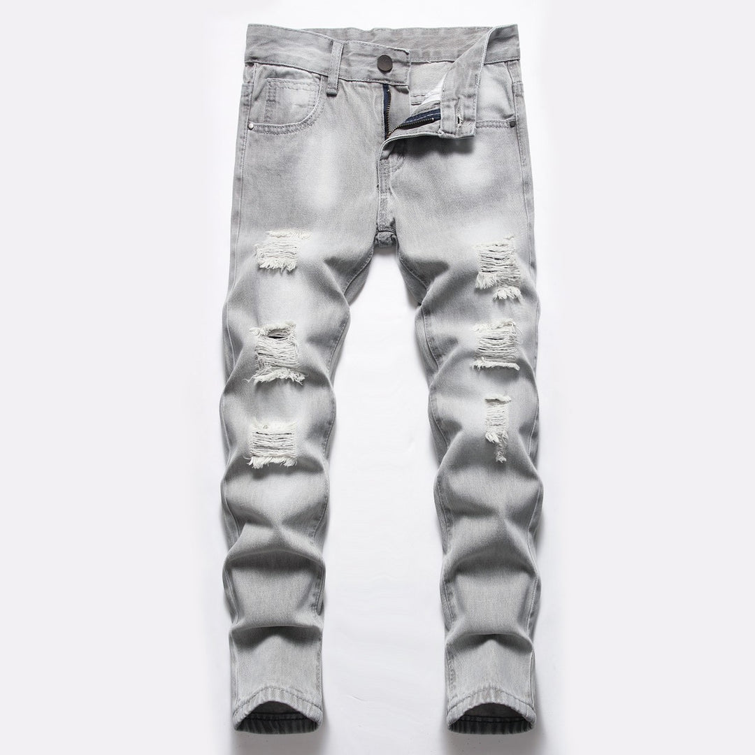 Boys Light Gray Ripped Straight Pants Denim Trousers