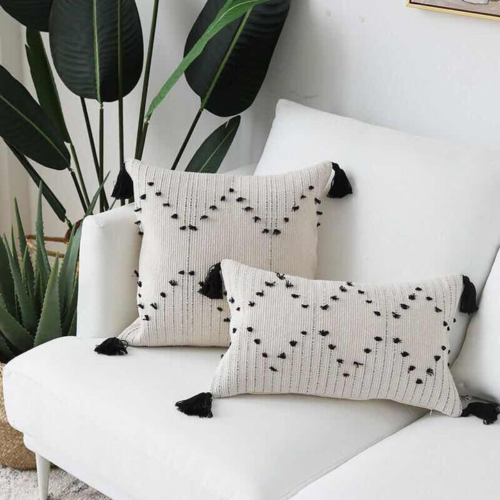 White and Black Geometric Cushion Cover with Tassels