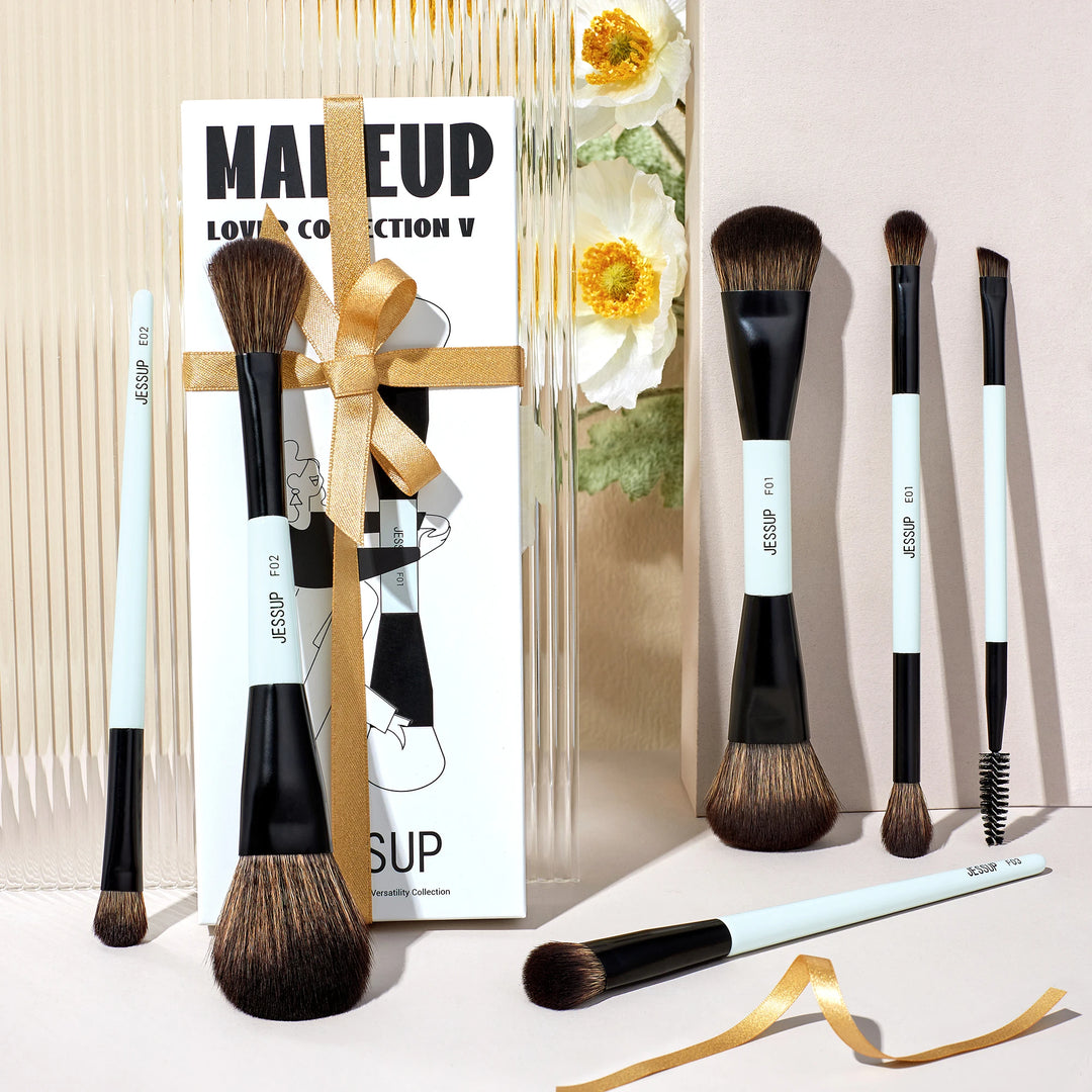 Double-Sided Makeup Brush Set - 6pcs Foundation, Contour, Blush, Eyeshadow & Eyebrow Brushes