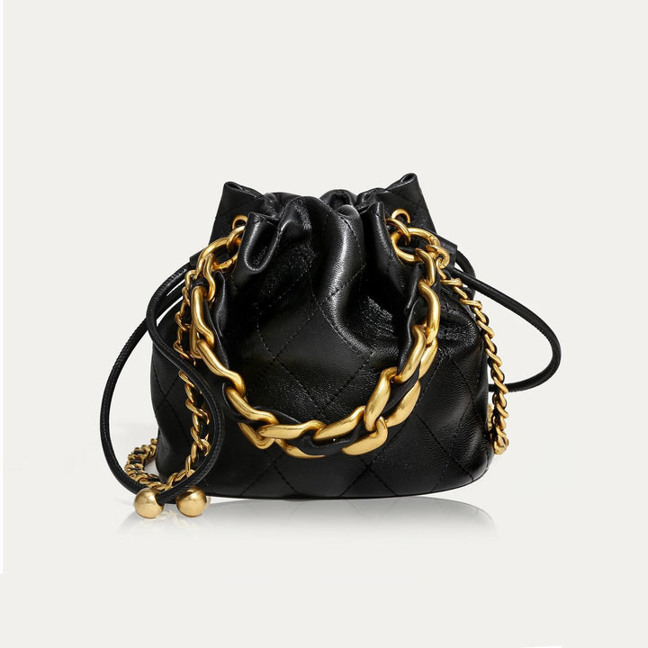 Genuine Leather Quilted Drawstring Bucket Bag