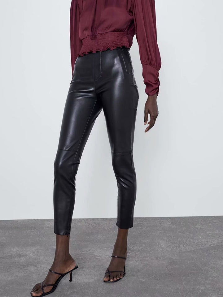 Women's split leg trousers all-match leather pants