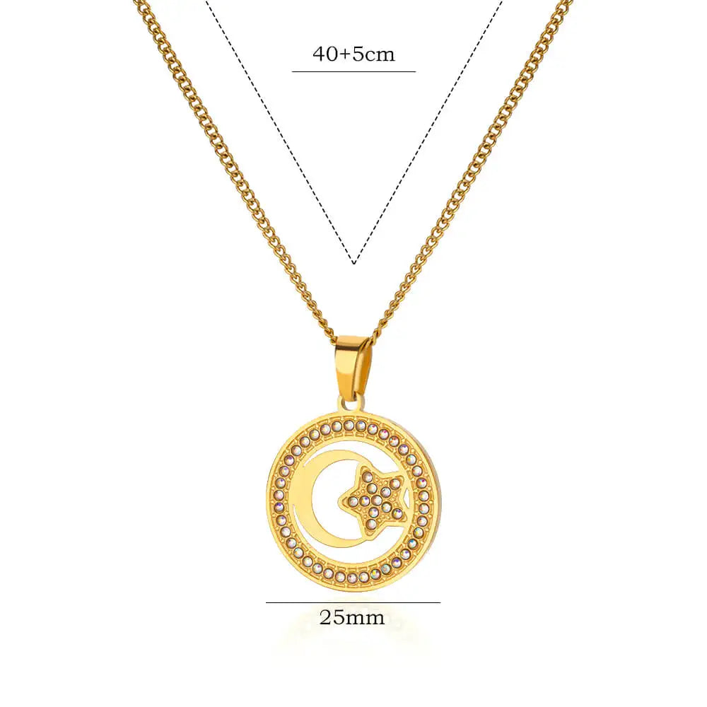 Gold Moon Pendant Necklace with Cubic Zirconia – Trendy Stainless Steel Jewelry