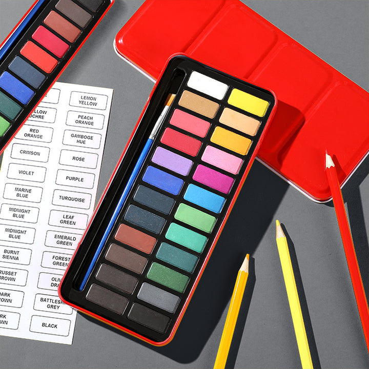 12/18/24 Colors Solid Watercolor Paint Set with Red Iron Box – Premium Gouache Watercolor for Kids &amp; Beginners