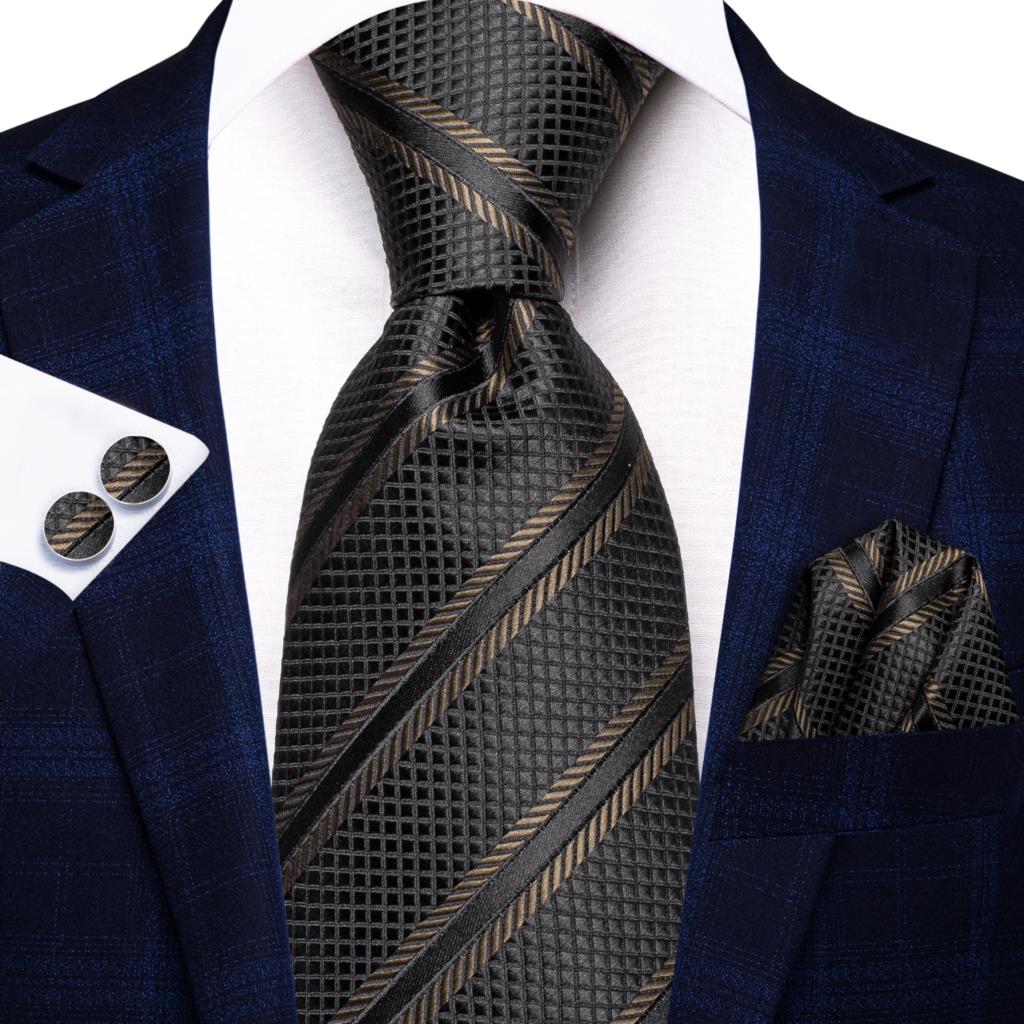 Black Brown Striped Necktie Set with Handkerchief and Cufflinks