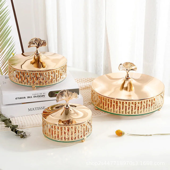 Gilded Apricot Leaf Metal Storage Jar with Lid