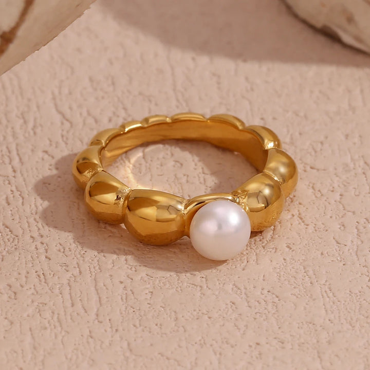 Lace Wave Pearl Ring, 18K Gold Plated, Waterproof Stainless Steel Jewelry