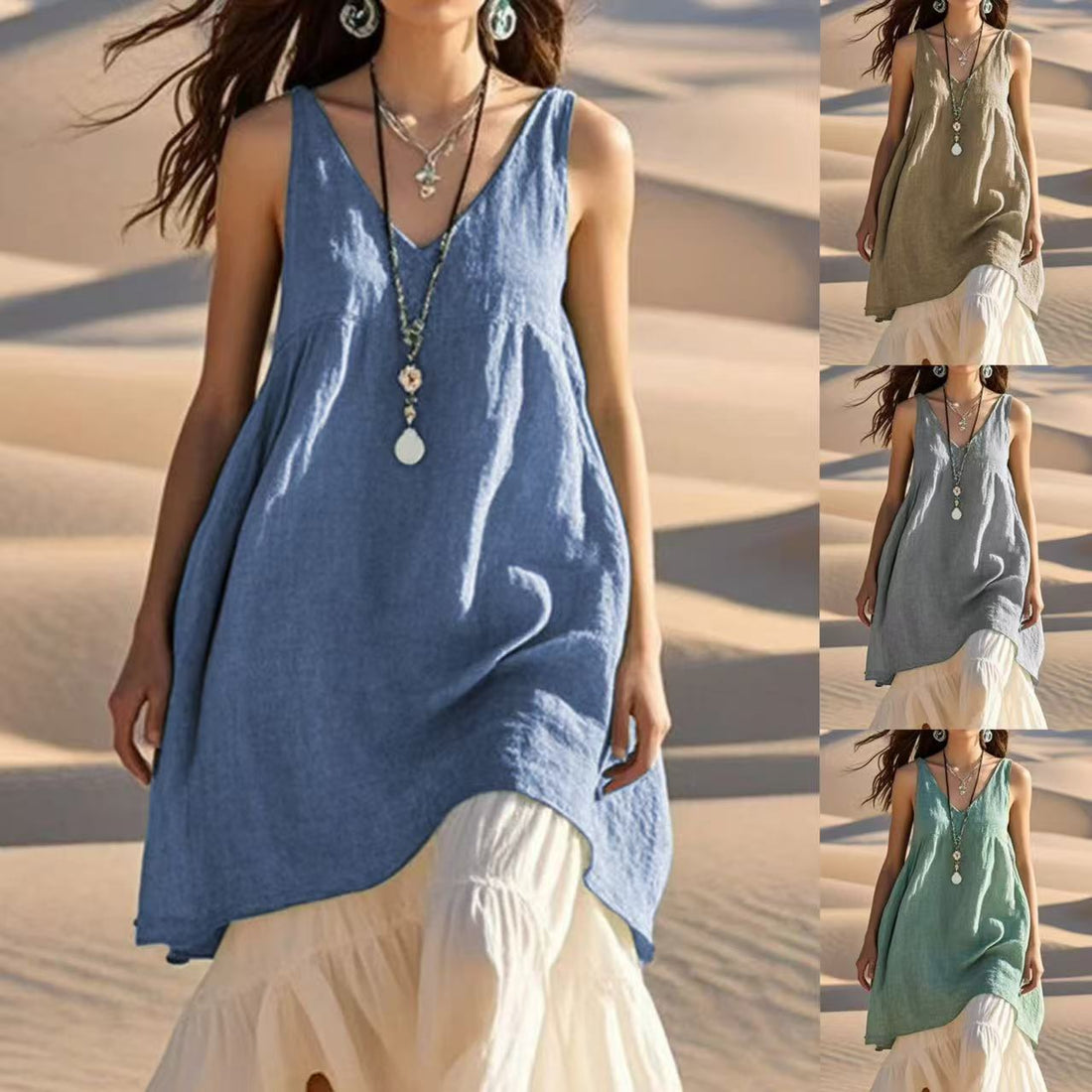 Fashion Sleeveless Cotton Linen Solid Color And V-neck Beach Dress