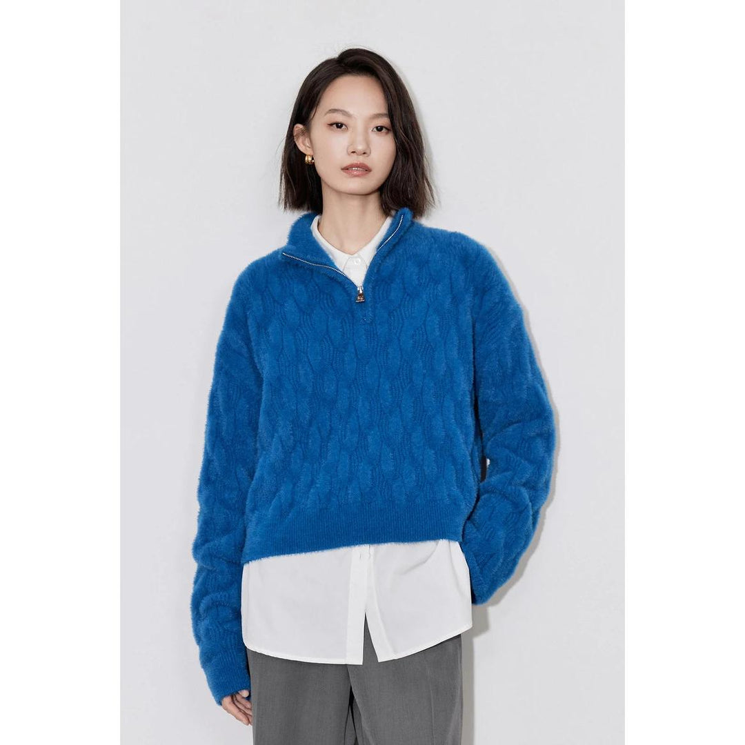 Women's Grid Pattern Knitted Zipper Sweater