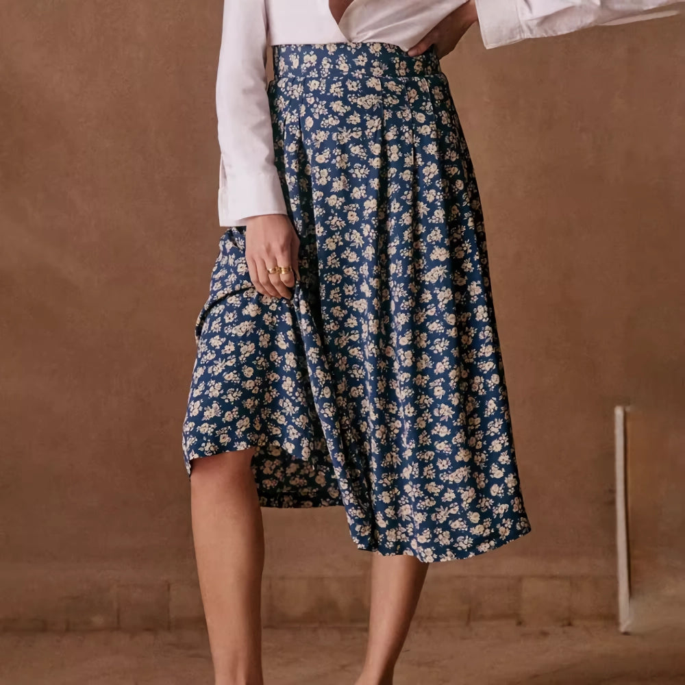 Elegant Flower Print High Waist Midi Skirt with Slit