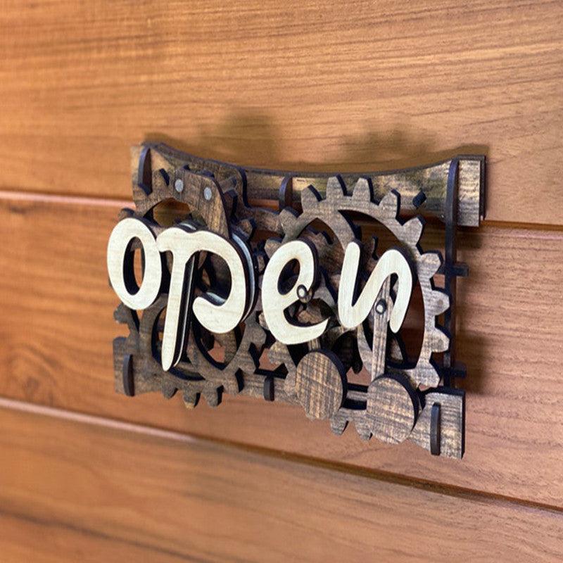 Open Closed Sign Front Door Sign Creative Gear Mechanism Wood Manual Mechanical Hanging Open-Closed Sign Home Supplies - Trendha