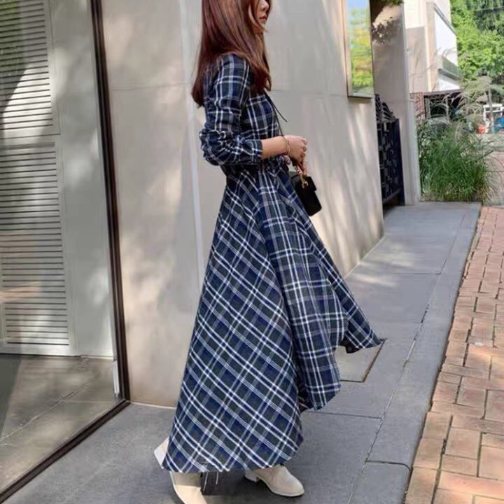 Long Temperament Long Sleeve Plaid Shirt Dress