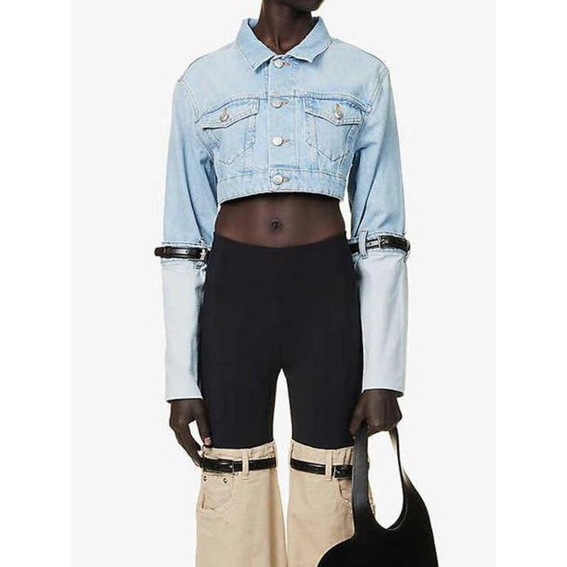 Chic Short Denim Jacket with Belt and Spliced Sleeves for Women