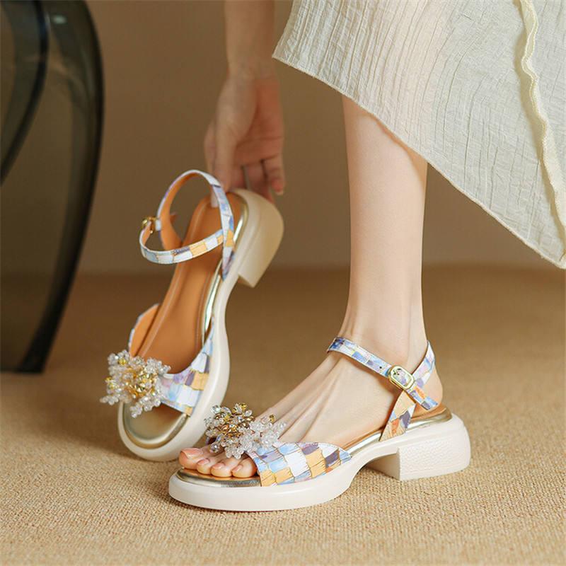 Genuine Leather Chunky Heel Sandals - Mixed Color Gladiator Style