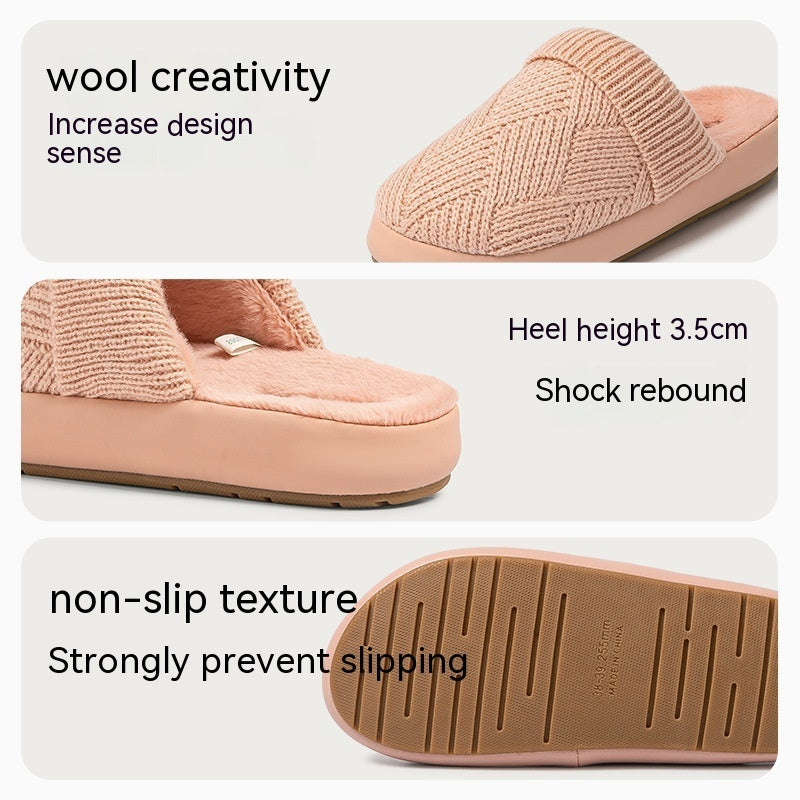 Yuangang Wool Cotton Slippers Women's Fleece-lined Thermal Indoor Floor Thick Bottom Non-slip Household Men's Winter