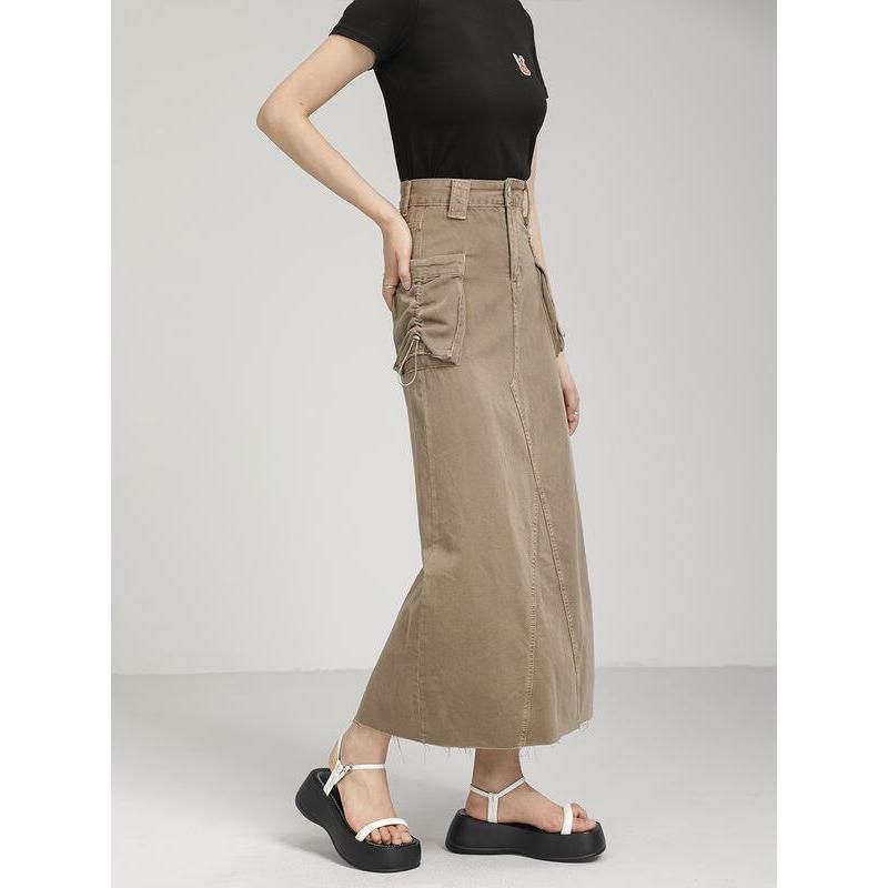 Autumn Vintage High Waist Denim Cargo Skirt with Pockets
