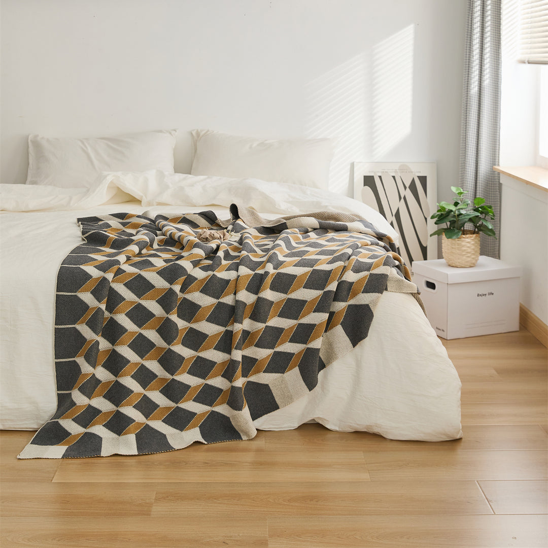 3D Cube Cotton Knitted Plaid Blanket - Delicate Nordic Bedspread