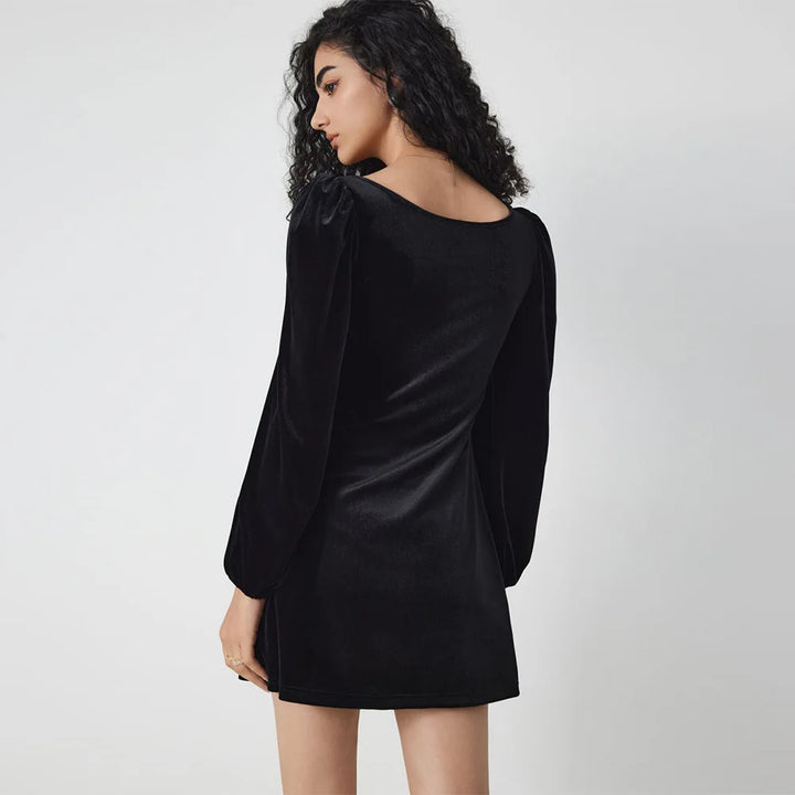 Women's Velvet Square Neck Long Sleeve Slim A-Line Mini Dress