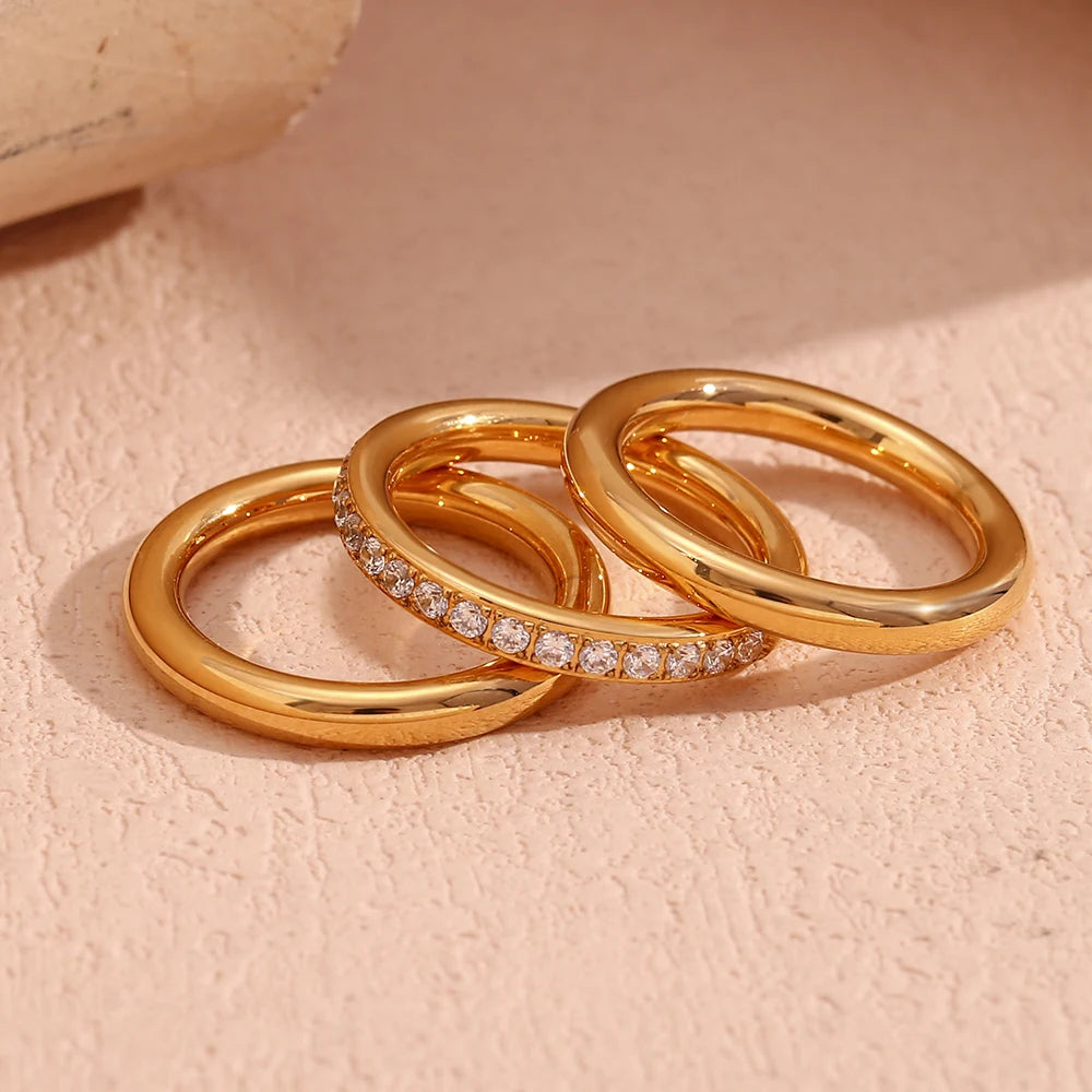 Zircon Three-Piece Hypoallergenic Gold-Plated Stainless Steel Ring Set