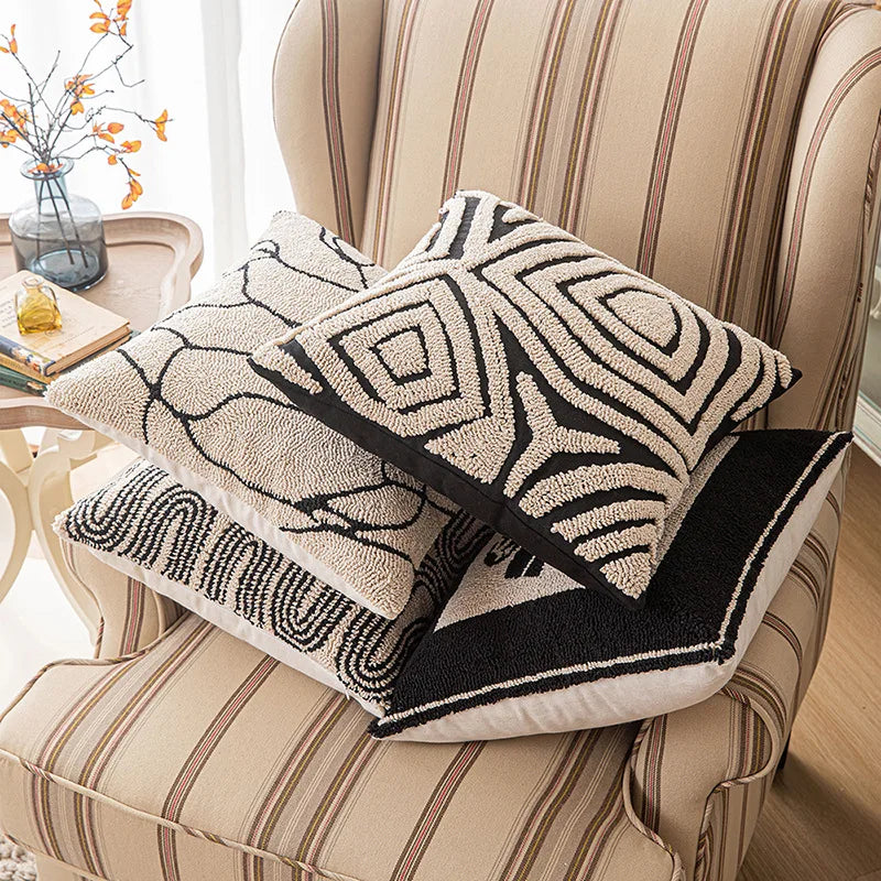 Black and White Geometric Embroidered Cushion Cover - 18x18in Modern Handmade Pillow Cover