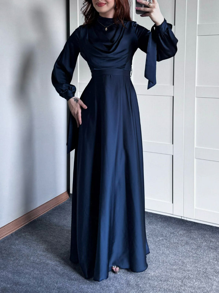 Satin Plunge Collar Long-Sleeve Strappy Maxi Dress