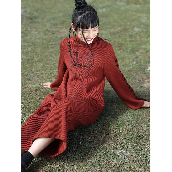 Dragon Embroidery Autumn Winter Loose Fitting Knitted Dress