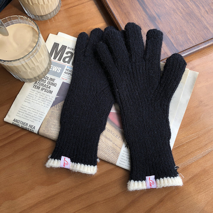 Knitted Contrast Color Wool Five-finger Gloves