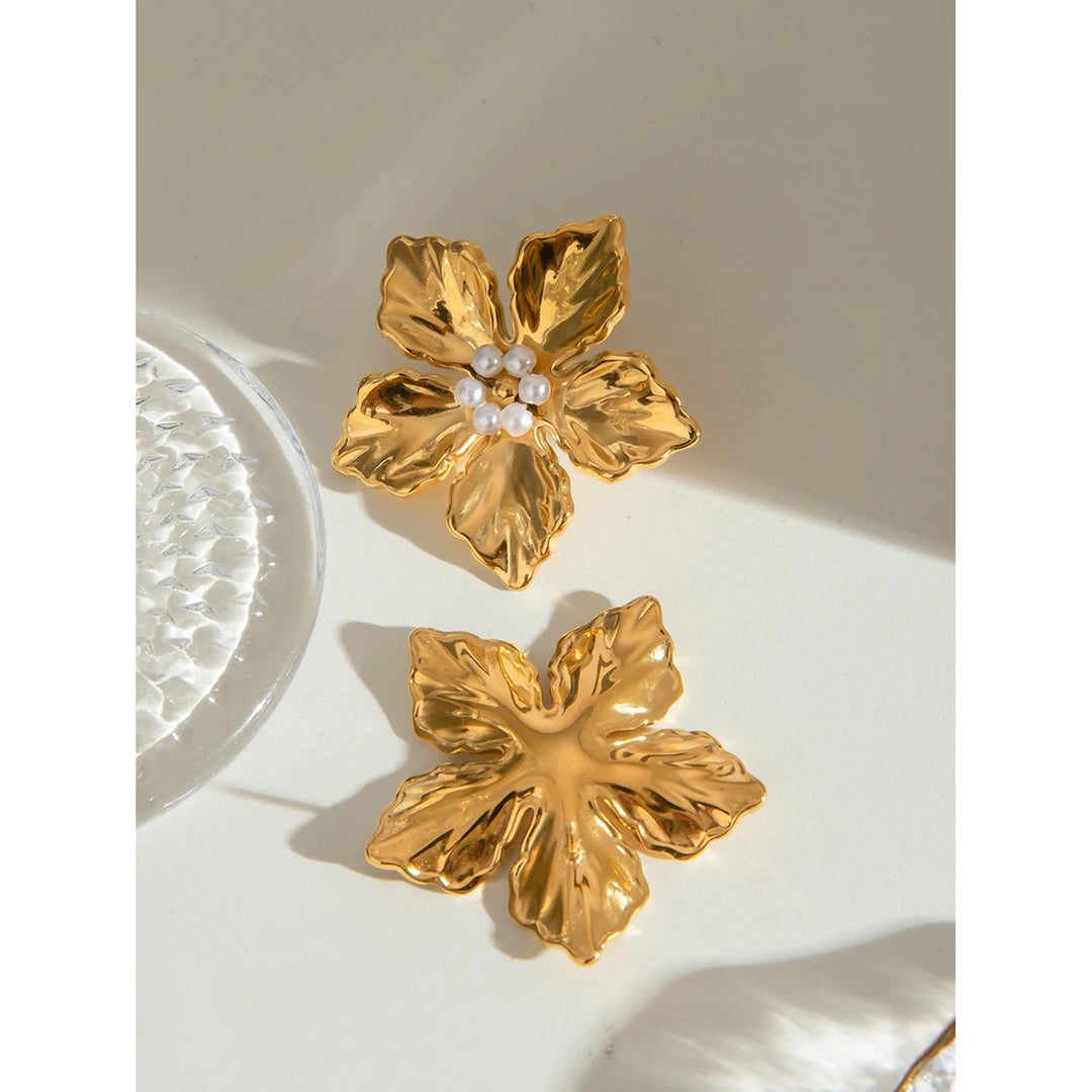 18k Gold Plated Vintage Flower Textured Stainless Steel Statement Earrings