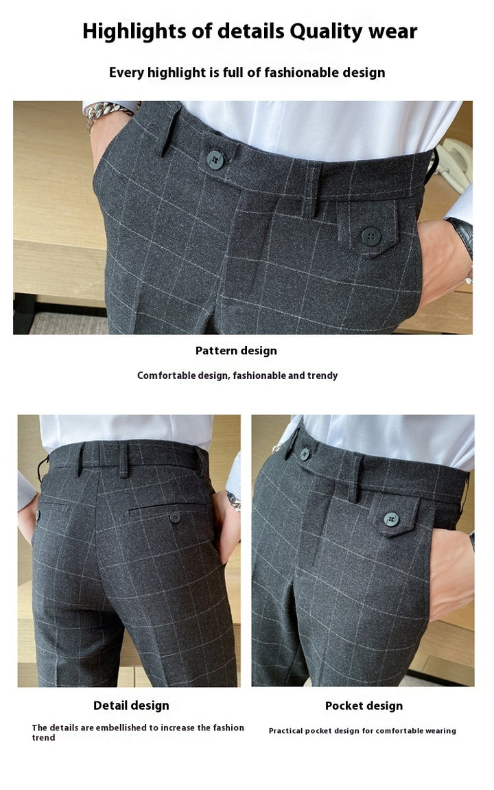 Korean Style British Classic Checkered Elegant Slim Fit Men's Best Man Pencil Pants Suit Pants