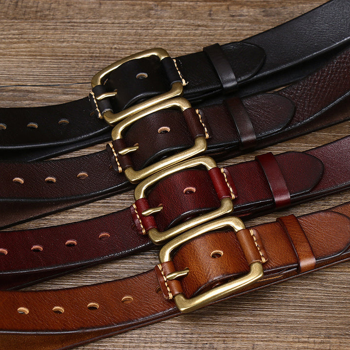 Men's Simple Fashion First Layer Cowhide Retro Brass Buckle Belt