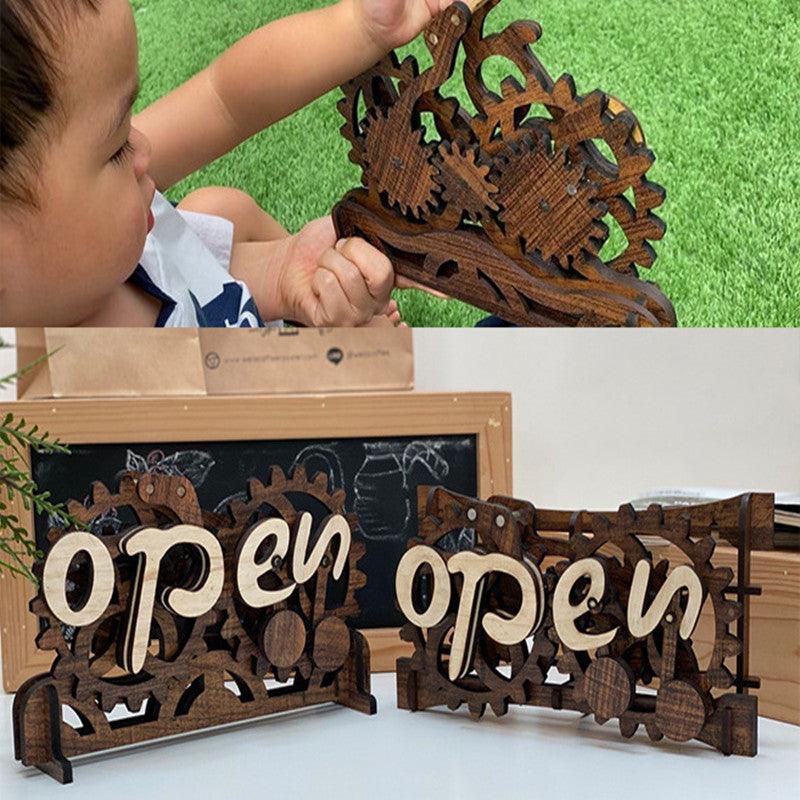 Open Closed Sign Front Door Sign Creative Gear Mechanism Wood Manual Mechanical Hanging Open-Closed Sign Home Supplies - Trendha