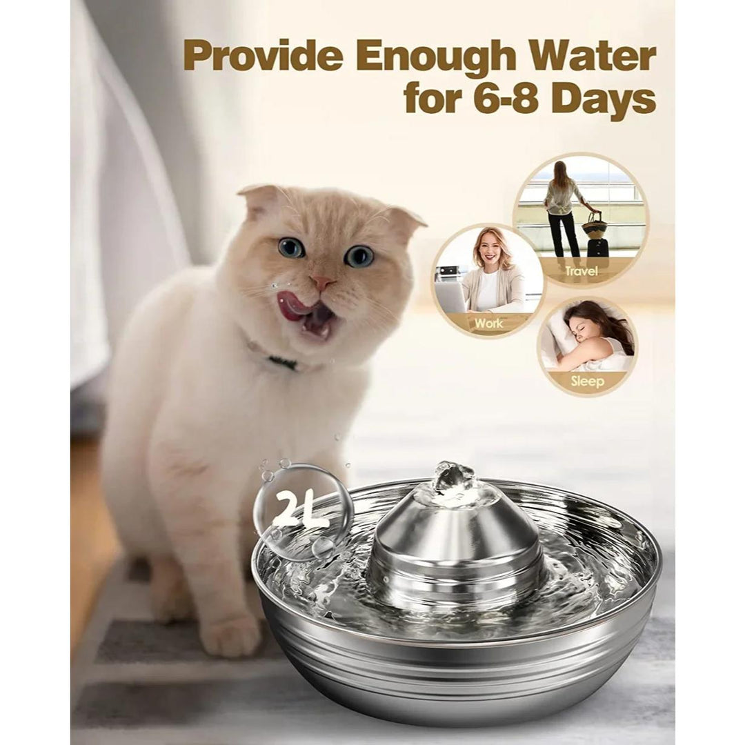 2L Stainless Steel Cat and Dog Water Fountain with Quiet Pump for Multiple Pets