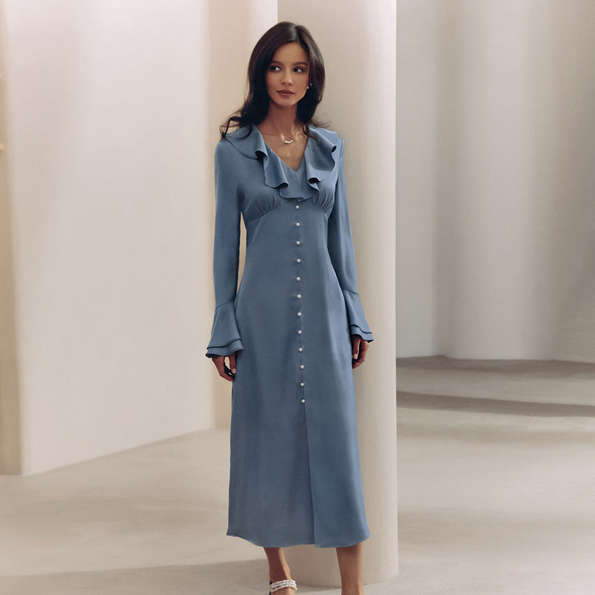 French Blue Satin Dress High-end Ruffled Mid-length Fitted Waist Flare-sleeve A- Line Skirt