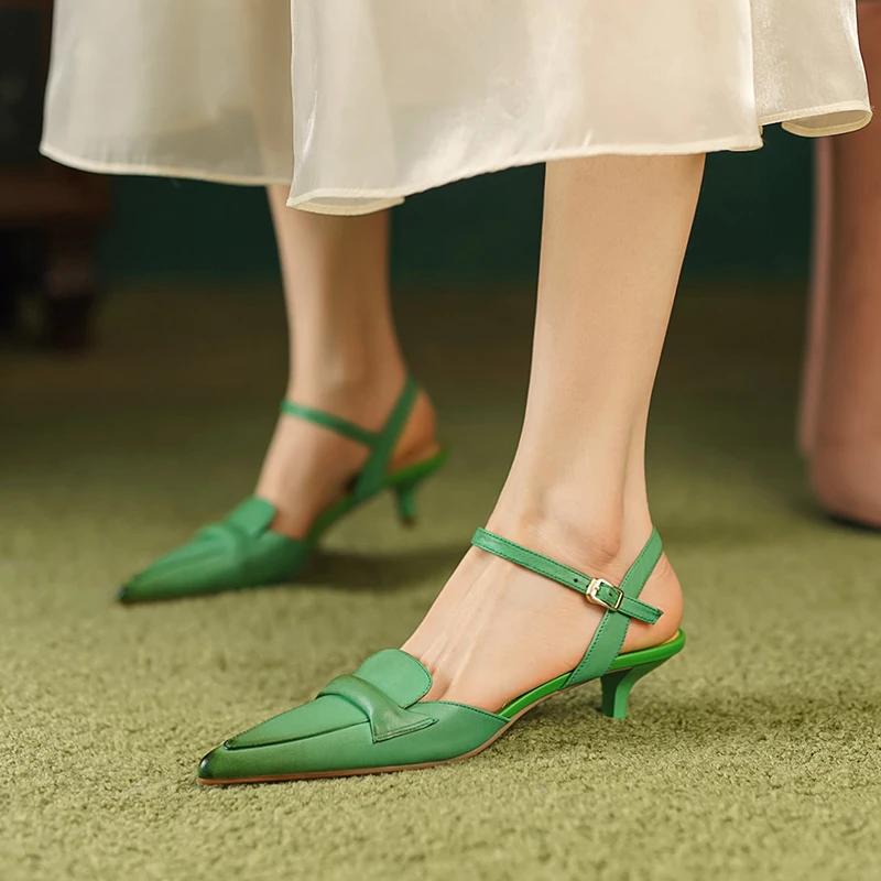 Pointed Leather Buckle-Strap Slingbacks