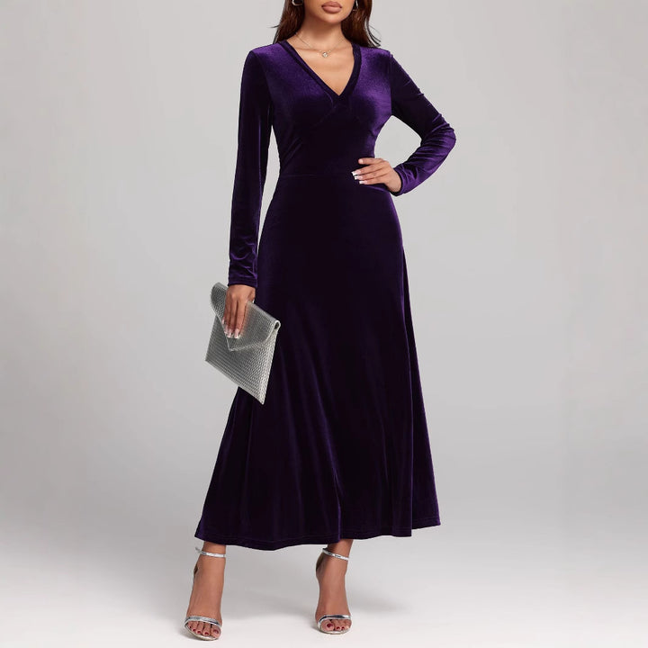 V-neck Long Sleeve Evening Dress Pleuche Dress
