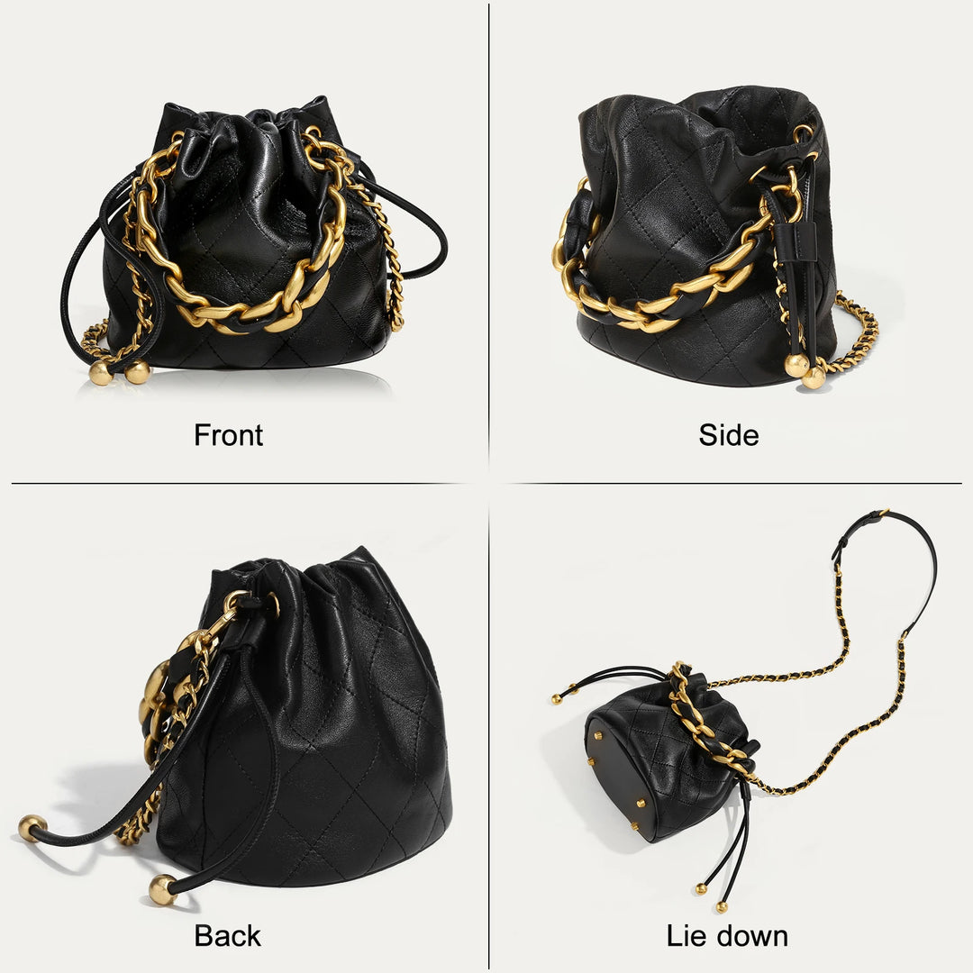 Genuine Leather Quilted Drawstring Bucket Bag