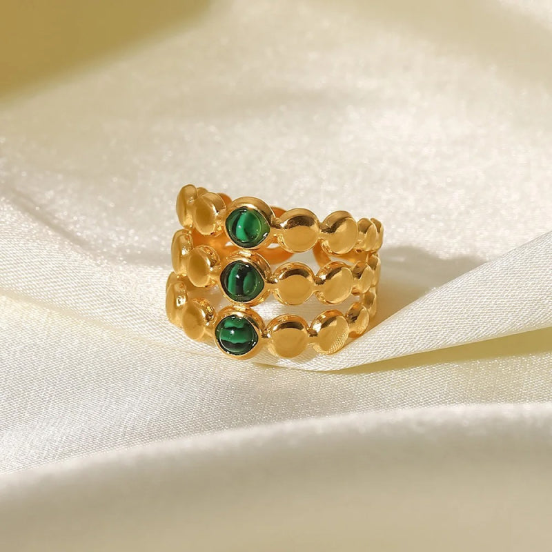 18K Gold Plated Green Malachite Triple Layer Adjustable Ring