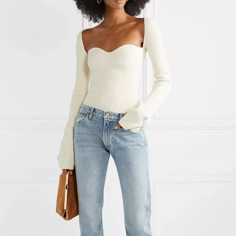 Elegant White Side Split Knit Sweater with Square Collar