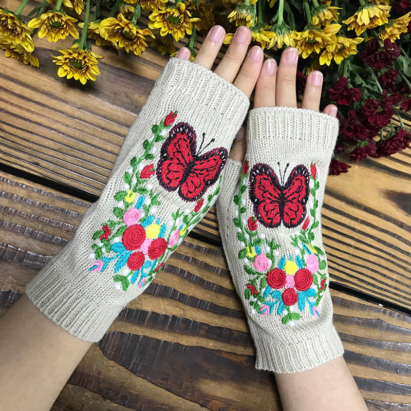 Butterfly Floral Long Warm Women's Knitted Gloves