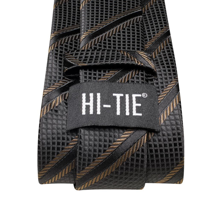 Black Brown Striped Necktie Set with Handkerchief and Cufflinks