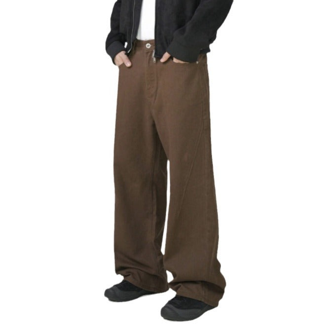 Washed Cotton Retro Brown Straight-leg Trousers