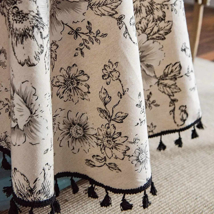 Elegant Floral Cotton Linen Round Tablecloth with Tassels