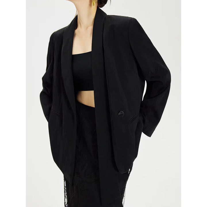 Elegant Black Blazer Coat with Neckline Ribbon Design for Office Ladies