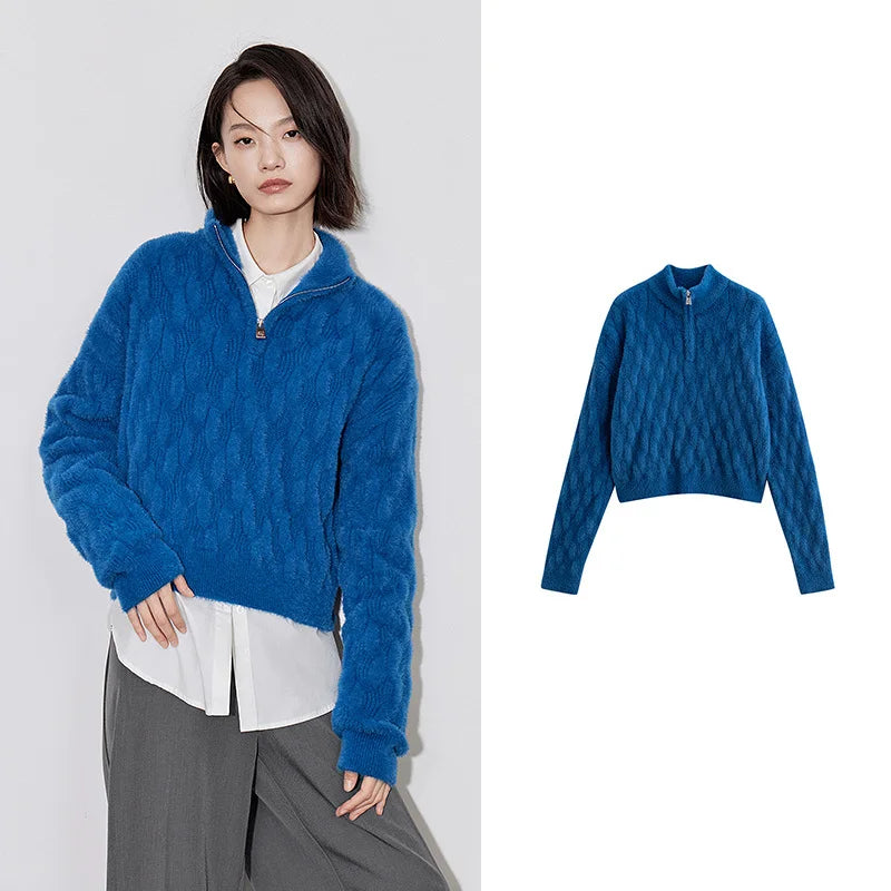 Women's Grid Pattern Knitted Zipper Sweater